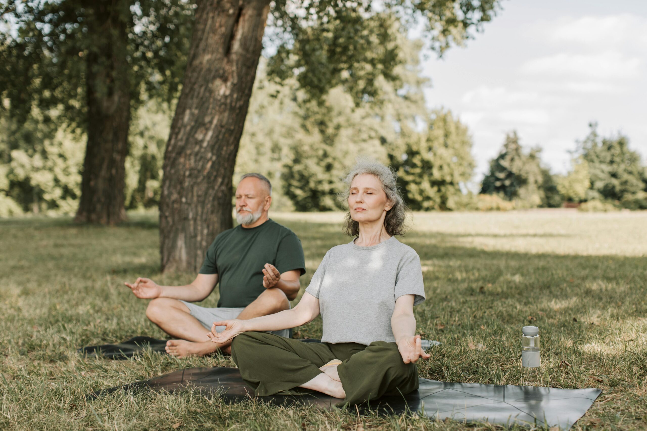 Senior couple meditating on yoga mats outdoors, embracing a healthy lifestyle.